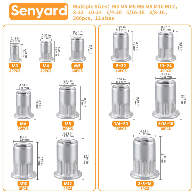 Metric & SAE Rivet Nuts Assortment kit, 300 Pcs Stainless Steel Rivet Nuts kit, M3 M4 M5 M6 M8 M10 M12#8-32#10-24 1/4"-20 5/16"-18 3/8"-16 Stainless Rivet nut rivnuts Metric & SAE-300pcs Silver