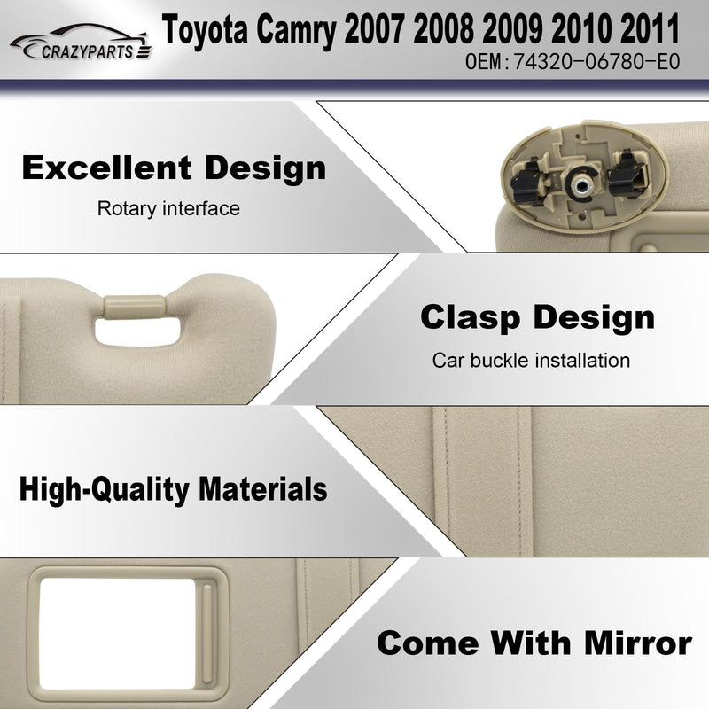 Driver Left Side Sun Visor Without Light Compatible with Toyota Camry 2007 2008 2009 2010 2011 Replacement Number 74320-06780-E0 Colour Beige Beige(Left Driver)