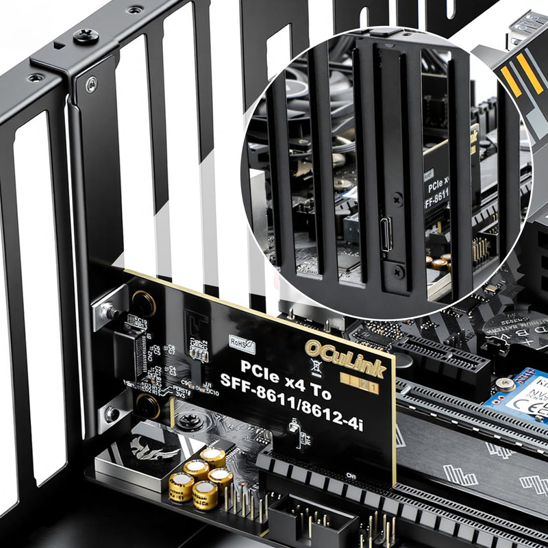 PCIe 5.0 x4 to OCuLink SFF-8611 SFF-8612 4i Host Adapter with Redriver | 128Gbps High Speed PCIe Riser Card, with Low & Full Profile PCI Brackets for External eGPU Graphics Cards, Mini PC