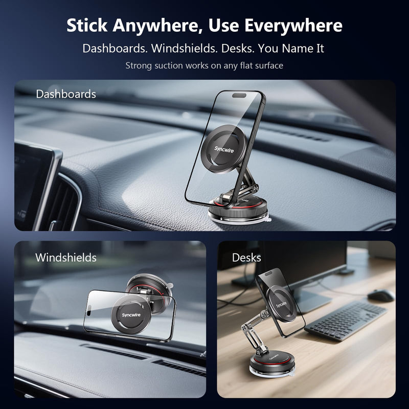 SYNCWIRE for MagSafe Car Mount [3-Axis] Nano Adhesive Gel + Strong Suction Cup Magnetic Phone Holder for Dashboard & Windshield, 360° Adjustable for iPhone 17 16 15 14 13 12, Samsung, Matte Black 3-Axis | Black