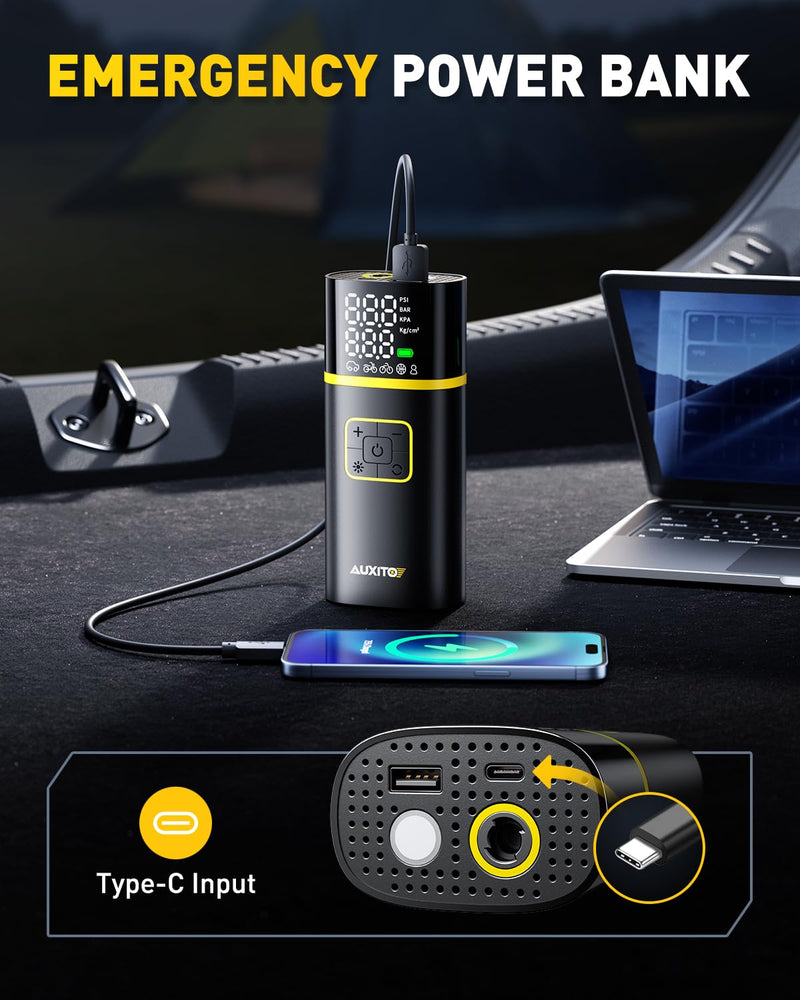 AUXITO Tire Inflator Portable Air Compressor - 150PSI 1Min Fast Inflate Air Pump for Car Tires with Tire Pressure Gauge, LED Flashlight, Portable Tire Inflatores for Car, Sedan, Motorcycle, Bike, Ball A301-5200mAh