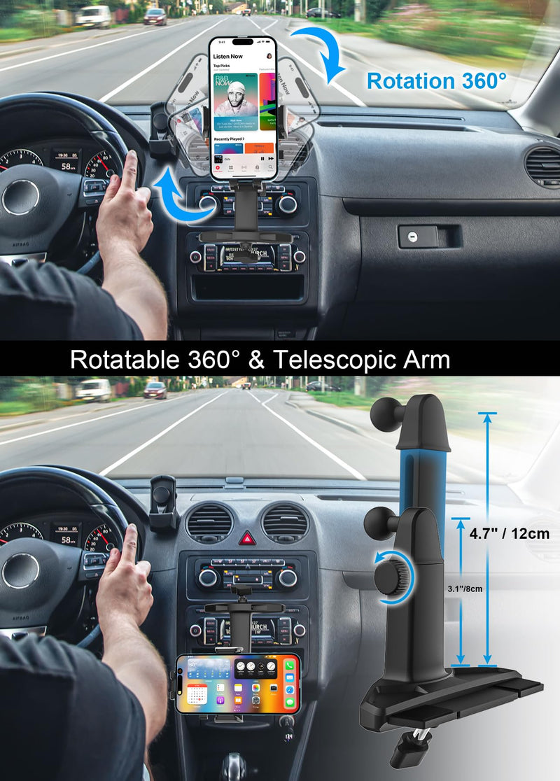 CD Slot Phone Holder for Car with One Button Release Clamp | Height Adjustable - Car Phone Holder CD Player Mount for iPhone 17 16 Pro Max Plus, Galaxy S26, Fire, All 4-7" Smartphones Clamp Holder