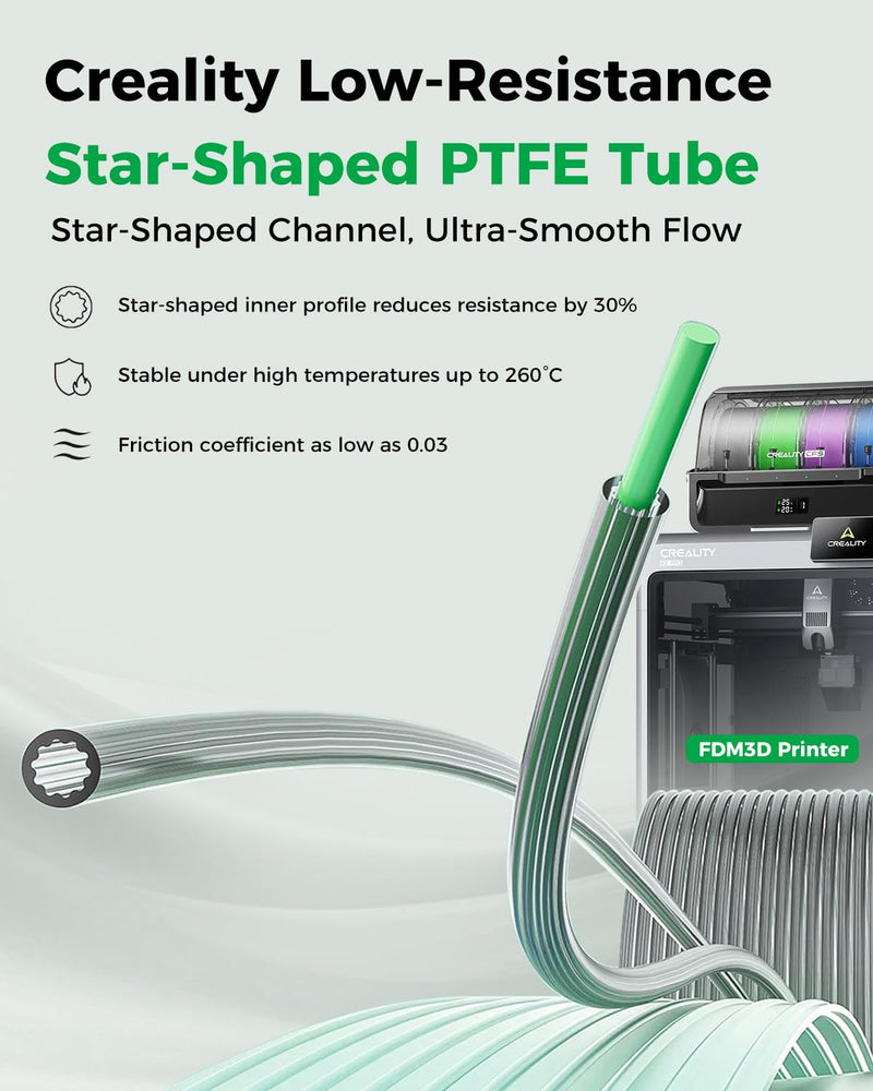 Creality PTFE Teflon Tube 4M, Upgrade Low-Resistance Star-Shaped Inner Channel Design Reduces Resistance by 30%, Support 260°C High Temperatures Printing, Precision Performance in Multicolor Printing