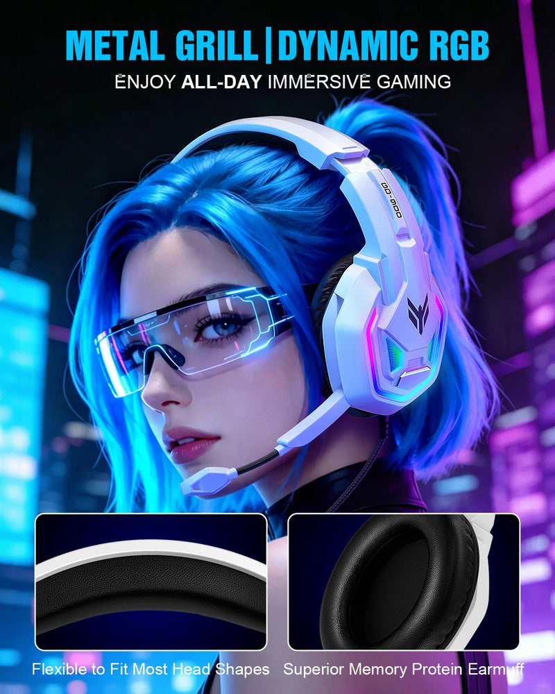 Gaming Headset for Xbox Series X|S Xbox One PS5 PS4 PC Switch Mac, Wired | 7.1 Surround Sound Over Ear Headphones, RGB Lighting, Flip Noise Canceling Mic, 50mm Drivers, Memory Foam Earcups White