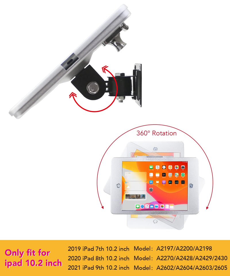 On Wall Mount Metal Bracket for iPad 10.2-Inch (9th,8th,7th Gen.),with Anti Theft Security Lock, Rotate Design,Multi Angle, Horizontal and Vertical Screen Swivel,(Silver) Silver