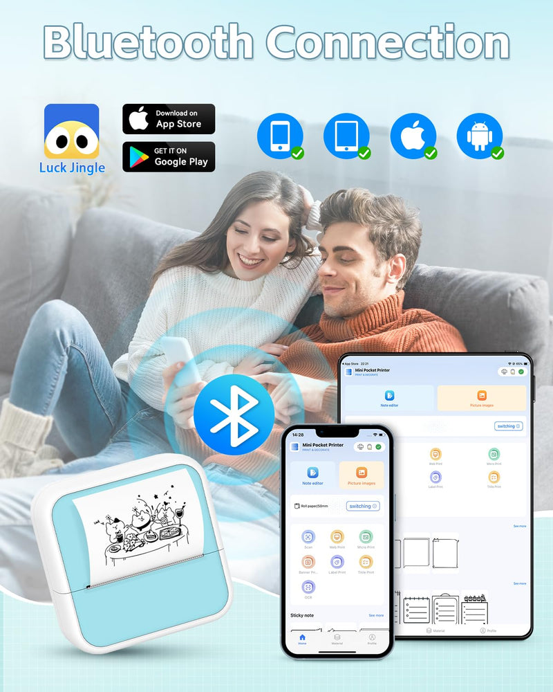 Sticker Printer - Mini Printer with Stickers, Bluetooth Inkless Printer, Sticker Maker, Mini Photo Printer, Portable Thermal Printer for iphone, Impresora Portátil for Notes, Journal, DIY, Kids Gift