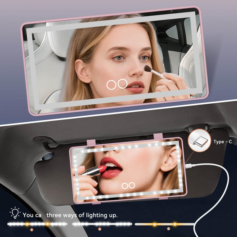 Car Mirror Visor Vanity with Rechargeable LED Light - 3 Light Modes & Dimmable Touch Screen- Girly Pink Car Accessories for Women Interior- Large Clip on SunVisor Passenger Side Mirror, Pink