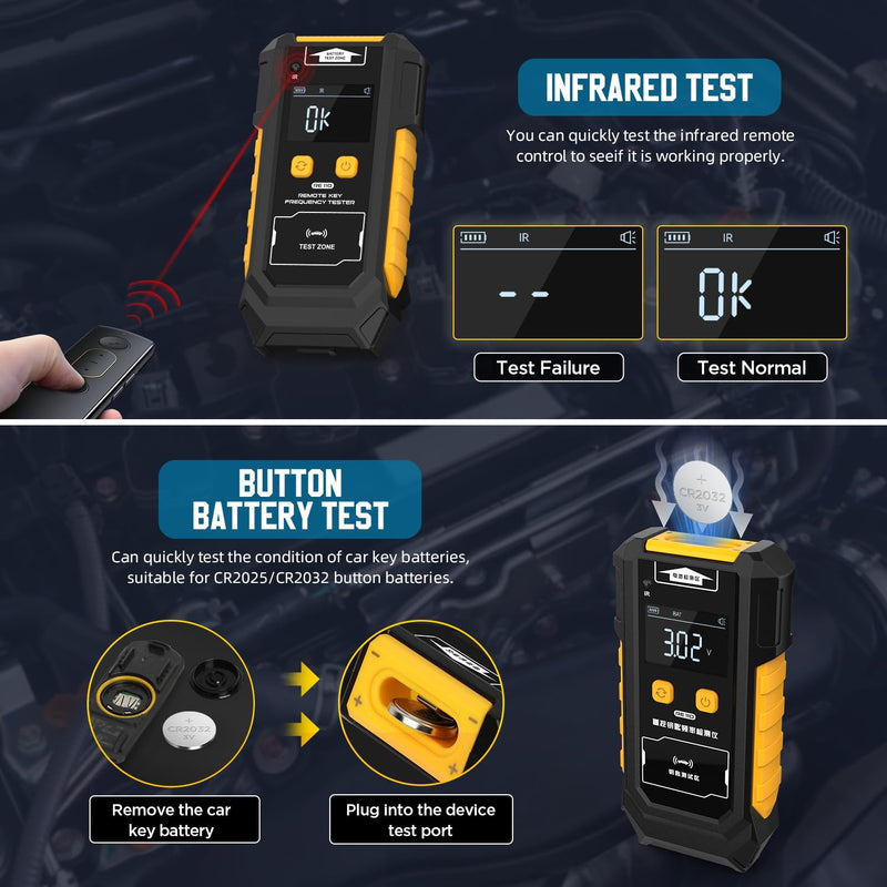 3-in-1 Universal Remote Key Tester with HD Display - Infrared Signal Testing, Key Frequency Detection & Button Battery Voltage Check, 315/433/868/902MHz, 2 Power Supply Methods with Bracket