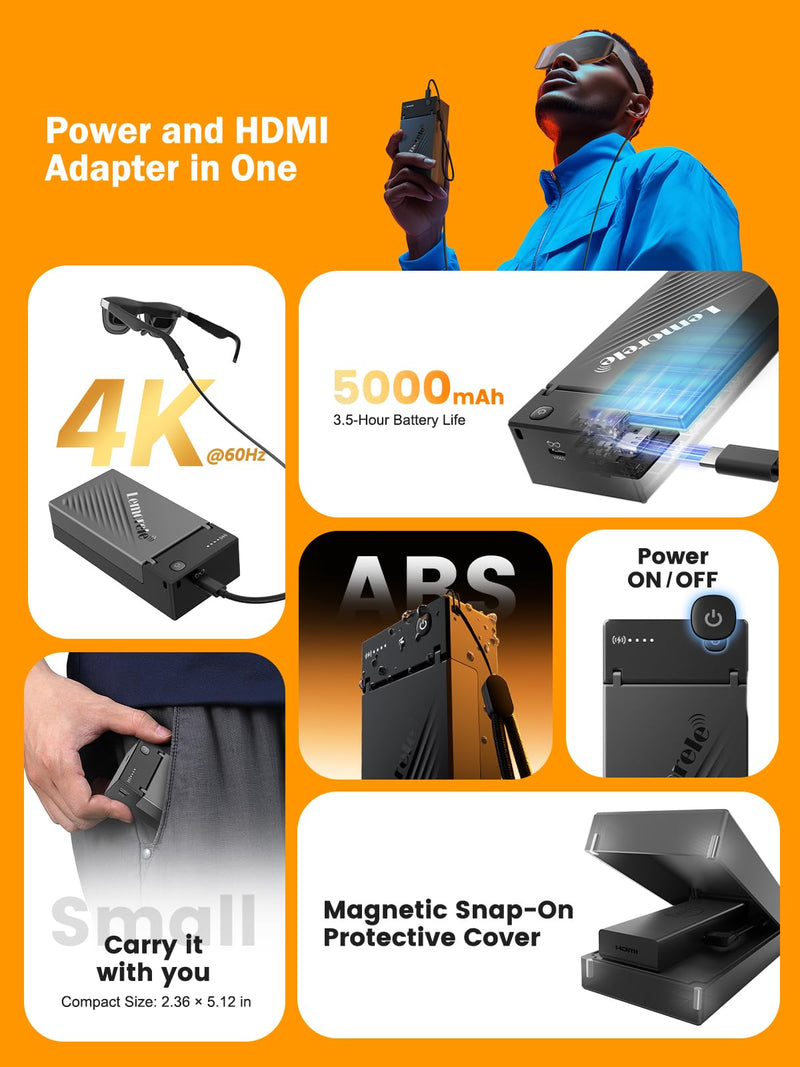 Lemorele Built-in 5000mAh Battery HDMI to USB-C Adapter for AR Glasses | Supports 4K60Hz output, feeds Fire TV Stick & AR glasses at once, fits Xreal Air, Rokid & USB-C monitors w/one-key control