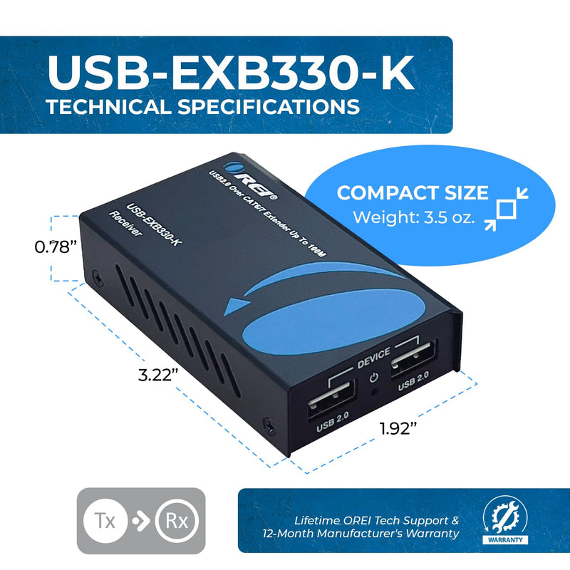 OREI USB 2.0 Over Ethernet Cat5e/6 Extender LAN Upto 330 Feet - Extends 2 Ports USB-A Signal Over LAN Ethernet - Power Over Cable for Long Distance Extension Supports All Operating System USB 2.0 - 330 Feet