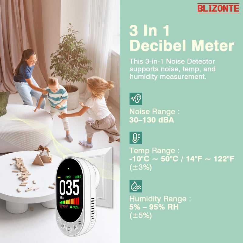 Decibel Meter Plug-in Wall, 3-in-1 Noise Detector(Noise,Temp and Humidity) with Fast/Slow Refresh Rate, MAX/MIN and Data Hold, 30–130 dBA Decibel Range for Rentals, Home, Classroom, Library White