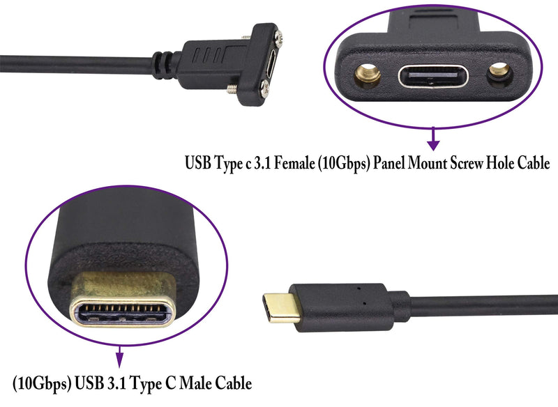 USB Type C 3.1Panel Mount Adapter Cable USB-C 3.1 Gen2 10Gbps Male to USB C Female Panel Mount Screw Cable,Supports Charging,Data,Audio,Video Cable for Laptop,Tablet,Mobile Phone(0.3M/1ft)