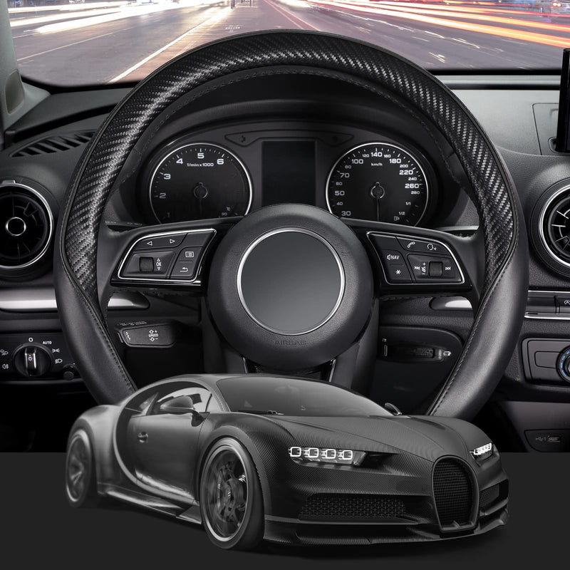 SEG Direct Car Steering Wheel Cover Universal Standard-Size 14 1/2"-15" Leather with Carbon Fiber Pattern Black Standard size[14 1/2''-15''] 2. Carbon Fiber-Black