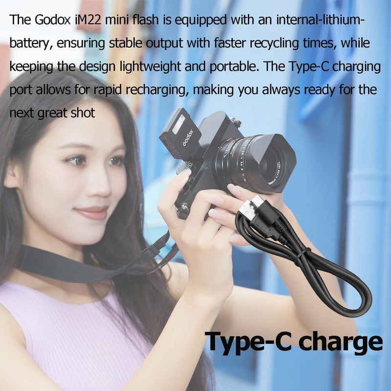 GODOX iM22 iFlash Camera Flash, 440 Full-Power Flashes Mini Flash Speedlite with Five-Level Adjustment, Built in Lithium Battery for Fuji, for Canon, for Nikon, for Sony, for Olympus Camera Black