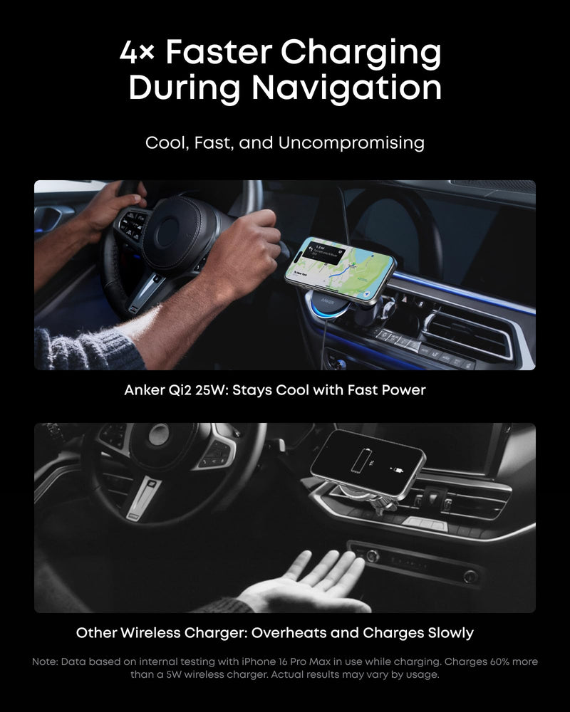 Anker Prime Qi2 25W MagSafe Compatible Wireless Car Charger Mount | AirCool Phone Holder with Vent Clip and Fast Power, for iPhone 17 - 12 Series, and More (Adapter Included) 25 Watts