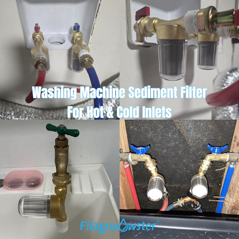 FA21 Brass Water Filter for Shower, Washing Machine Filter, 40-50 Micron, Reusable Sediment Filter, Traps Sand Rust, 1/2" Fittings w/ 3/4" Adapters