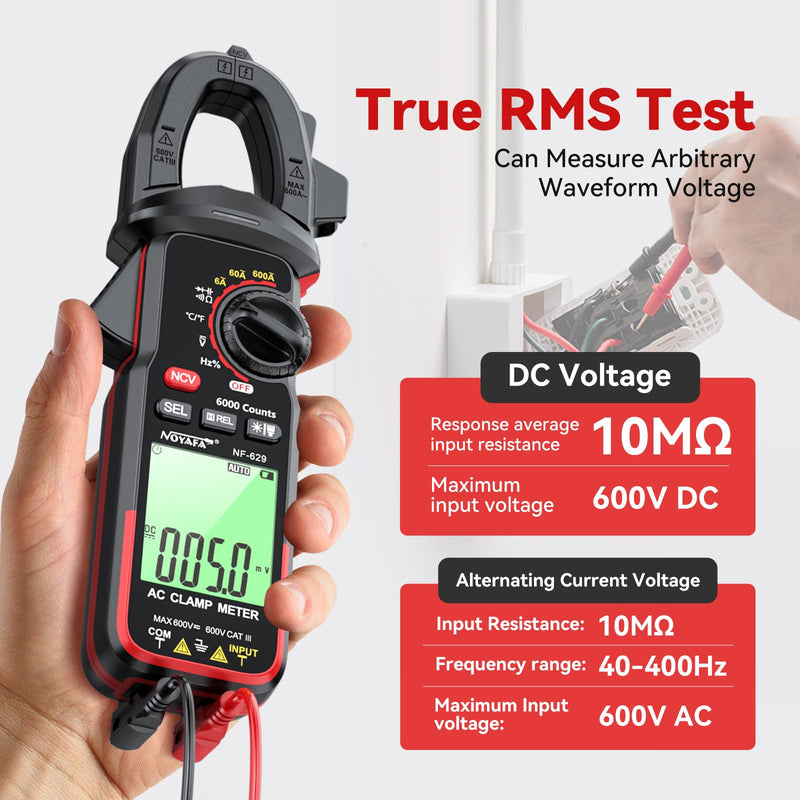 NOYAFA Digital Clamp Meter Multimeter 6000 Counts TRMS, Clamp Multimeter Tester for 600V AC/DC Voltage, High AC Current, Capacitance, Diode Test, Continuity Test, Temperature, Frequency Duty Cycle