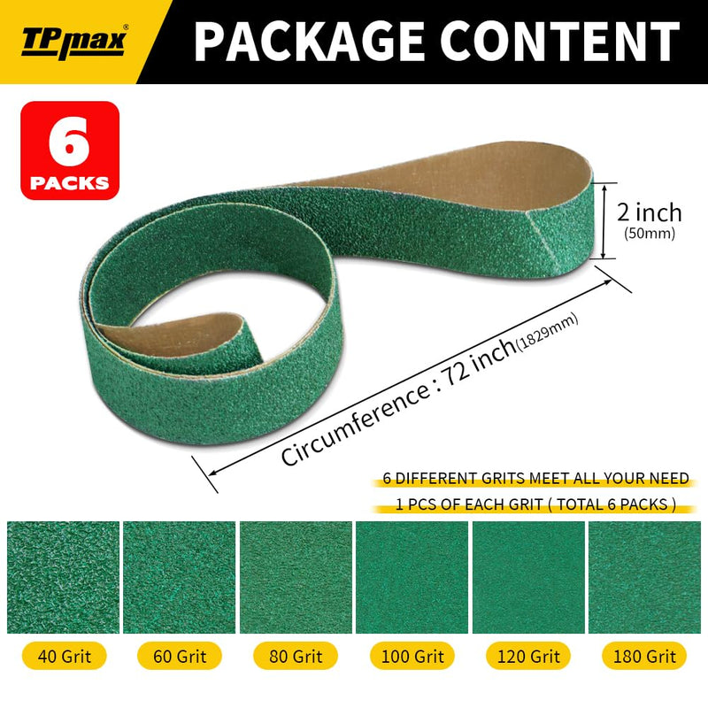 6 Pack 2 x 72 Inch Zirconia Ceramic Sanding Belts Kit – 40, 60, 80, 100, 120, 180 Grits Premium Metal Grinding Belts for Knife Sharpening, Stock Removal, and Bevel Work