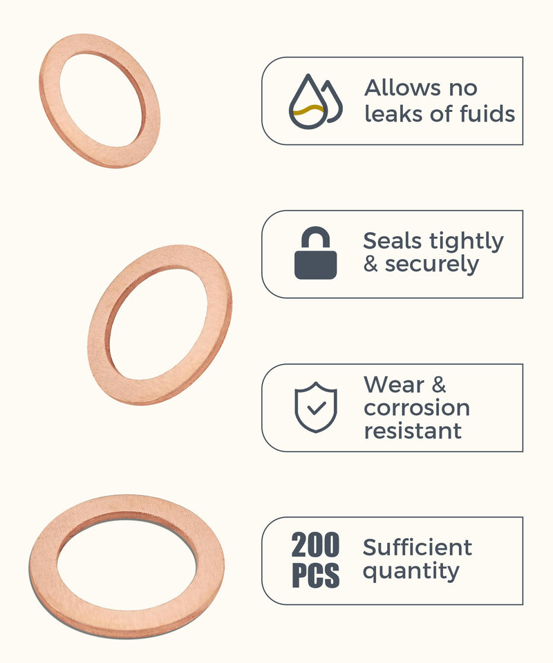 200PCS Crush Washer,Crush Washer Oil Drain Plug,Car Accessories Crush Washer Assortment,M5 M6 M8 M10 M12 M14 Metric Copper Washers,Oil Drain Plug Crush Washer,Suitable for Most Vehicles