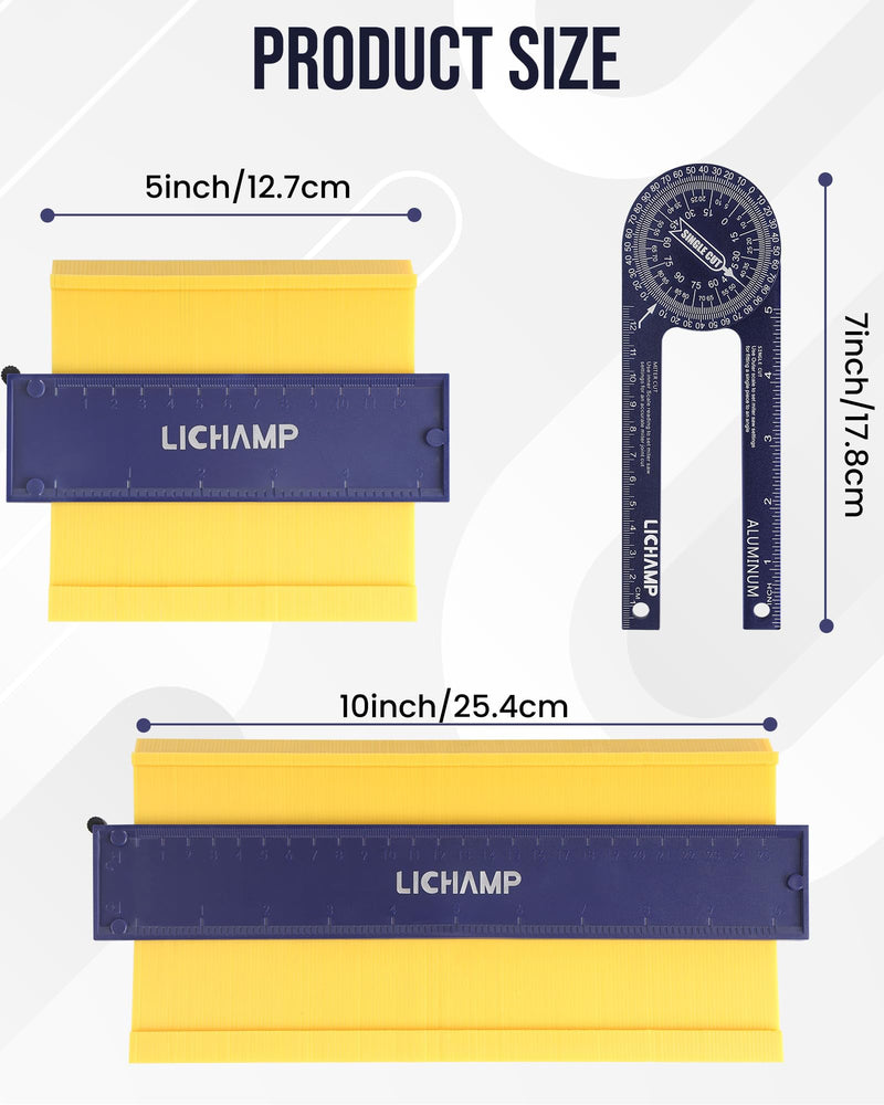 Lichamp Contour Gauge Profile Tool 5" 10" with Miter Saw Protractor Angle Finder 7", Super Gauge Shape and Outline Tool with Aluminum Miter Cut Protractor