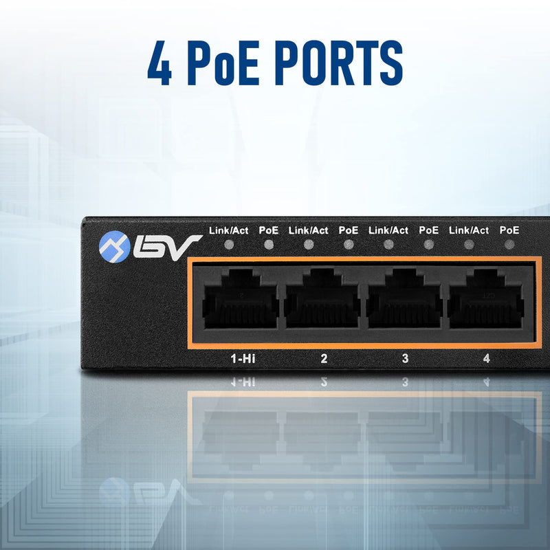 BV-Tech 6 Port PoE+ Switch 4 PoE+ Gigabit Ports with 2 Gigabit Uplink – 60W – 802.3at + 1 High PowerPort | Desktop Fanless Design | Sturdy Metal Housing Gigabit-2 Uplinks