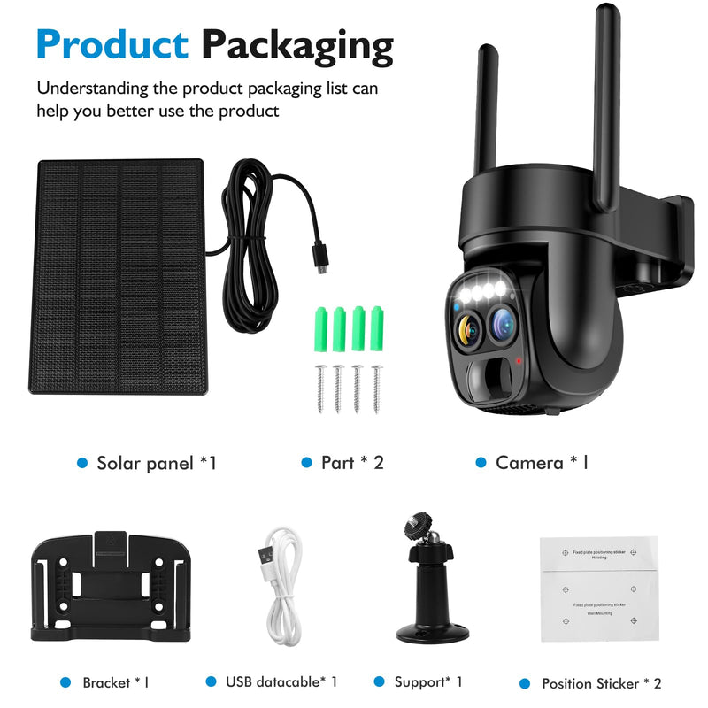Hawkray Pannel Solar Wireless Outdoor Security Camera， Dual-Lens, 10xZoom, 2K Resolution 3MP 360°Pan/Tilt，2.4&5G WiFi Battery Powered Camera with Spotlight Alarm PIR Motion Detection solid black