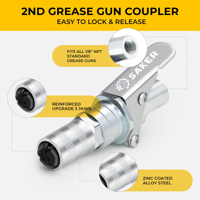 Saker Grease Gun Coupler-Upgrade to 14000 PSI,Duty Quick Release Grease Couplers,Compatible with All Grease Guns 1/8" NPT Fittings (1 PC) 1 PC