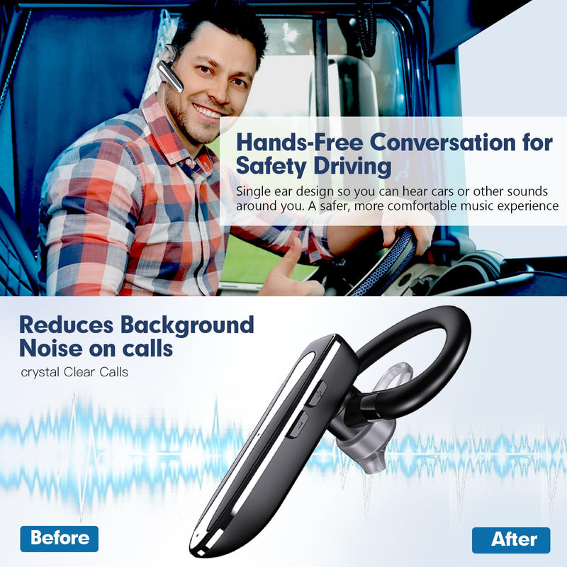 Truck Driver Bluetooth Headset for Cell Phones Wireless Earbuds with Earhooks IPX7 Waterproof Dual Microphone Earpiece in Ear Hands Free Single Headphone Charging Case for Driving Business Android iOS