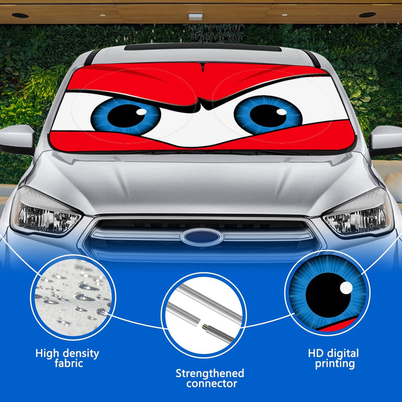 Car Windshield Sun Shade, Funny Car Eyes Sun Visor Wear-Resistant Black Tape, Foldable 63.7" L x 32" W Large angry eyes-red