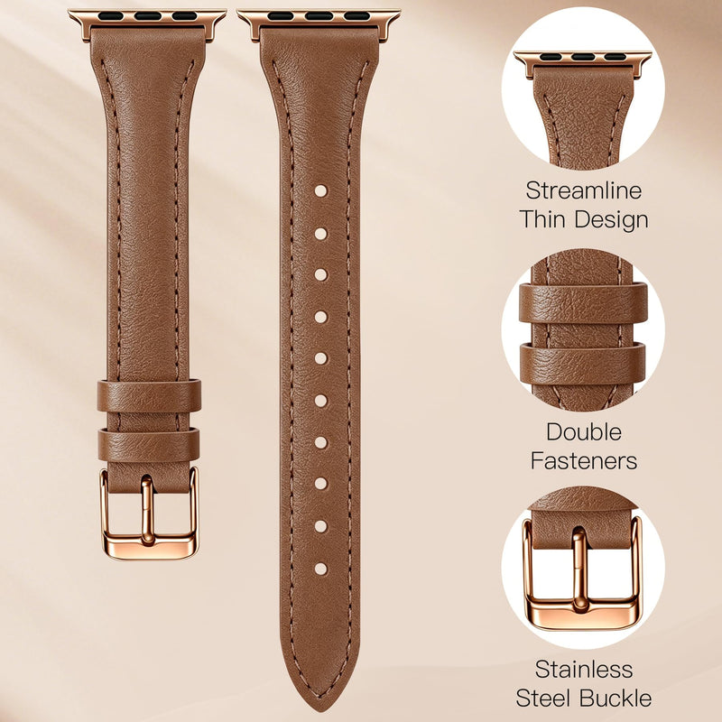JR.DM 2 Pack Slim Leather Bands for Women Compatible with Apple Watch 40mm 42mm(S10/11) 41mm 38mm, Soft Top Leather Watch Thin Straps Replacement for iWatch Series 11/10/9/8/7/6/5/4/3/2/1/SE A1-2pcs-Black/Brown for Rose Gold 38/40/41/42mm(series 11/10)