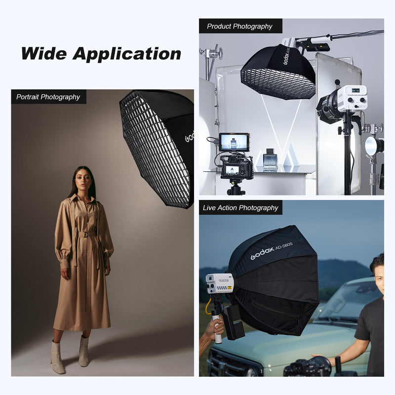 Godox AD-S60S Softbox Godox Mount Softbox 60cm/23.6inch with Grid Diffusers Reflector Carry Bag for AD400 Pro AD300 Pro Strobe Flash and ML100bi ML100RGB ML60 ML60Bi ML60II Bi ML30 ML30Bi LED Light
