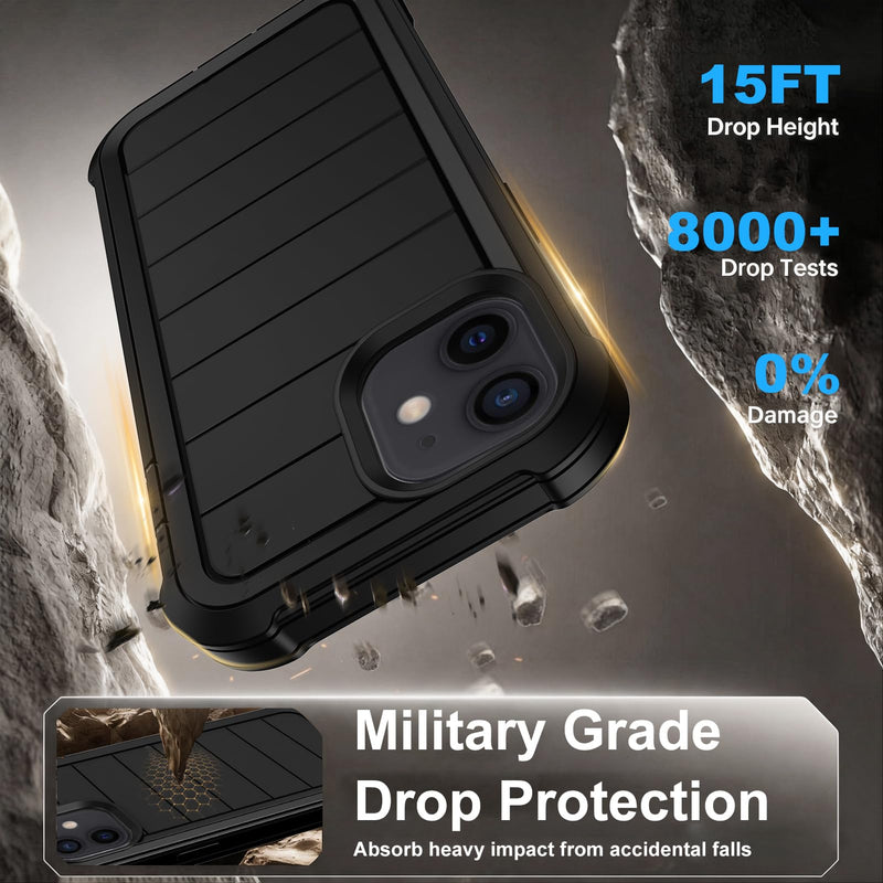 for iPhone 12 Case/iPhone 12 Pro Case with Belt Clip Holster Screen Protectors, Heavy Duty Military Grade Shockproof Protection Anti-Drop Kickstand Phone Cover for Apple 12/12 Pro (Black) Black