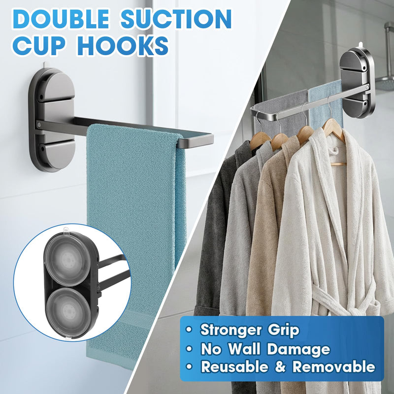 Foldable Suction Towel Bar, No Drill Stainless Steel | Heavy-duty bathroom towel holder for towels and robes. Fits tile, glass, mirrors & RV. Reusable, rustproof and residue-free Silver Black