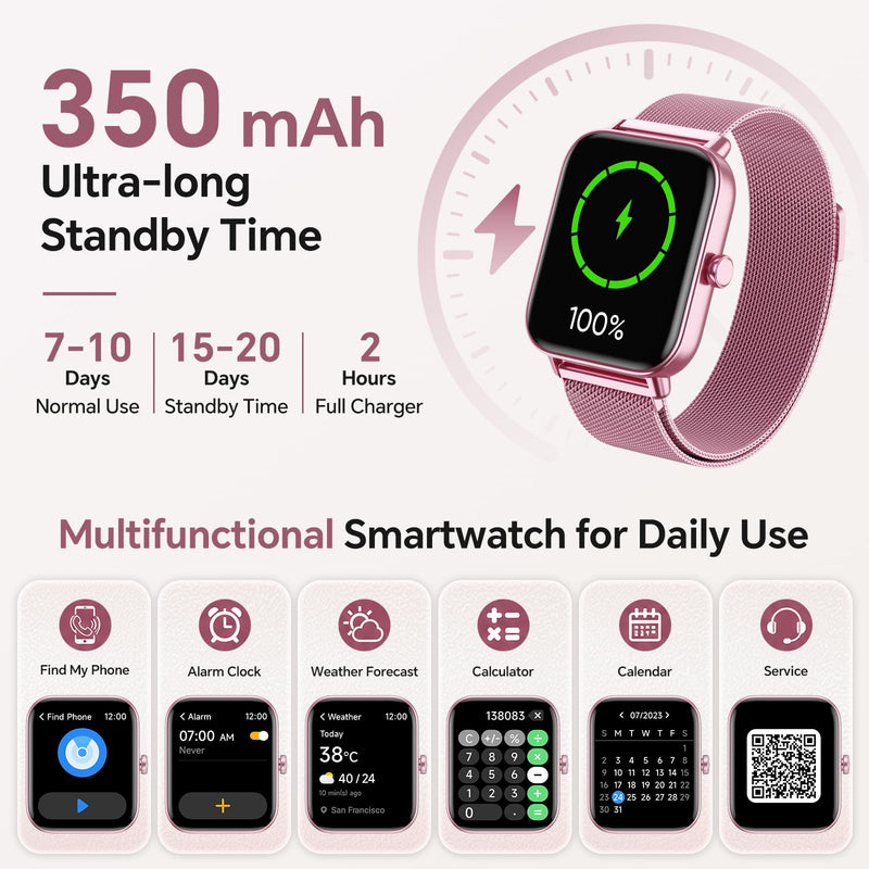 Smart Watches for Women (Calls/SMS/Reminders), 1.85" HD Alexa Smart Watch for Android Phones & iphone Compatible, 120+ Sport Modes Fitness Watch, Heart Rate/SpO2/Sleep Tracker, 3ATM Fitness Trackers Rose Pink-Mulberry Stainless Steel & Silicone