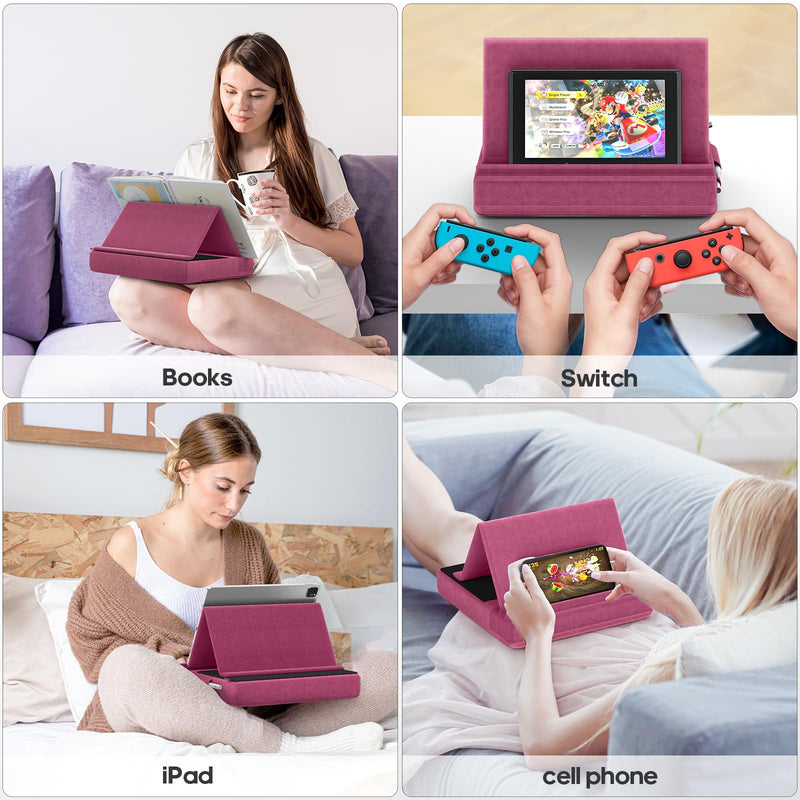 KDD Tablet Pillow Stand, Multi-Angle Viewing I-pad Holder for Lap, Bed and Desk, Foldable Soft Pad Dock with Stylus Mount Compatible with I-pad Pro 12.9, 10.5, 11, Air, Mini, Phones, Books, E-Reader Purple