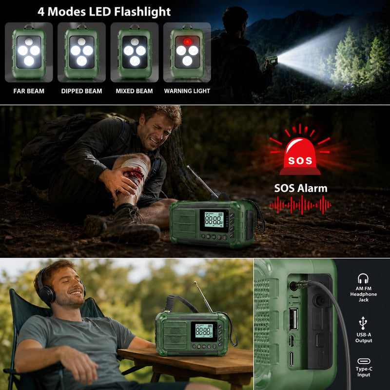 Emergency NOAA Weather Radio, 10000mAh, Solar Hand Crank Radio with AM/FM | Battery Backup, Emergency Cell Phone Charger, Flashlight with Red Blue Warning Light, SOS Alarm, for Camping Hiking Survival Army Green