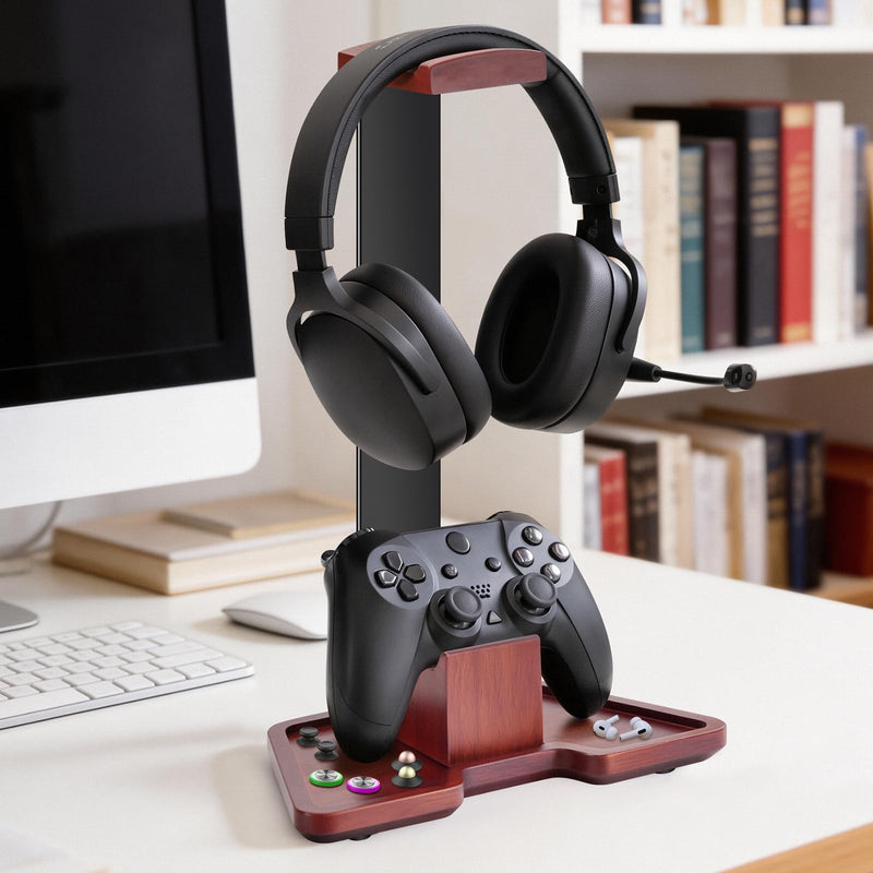 Headphone Holder Stand for Desk, Wood and Metal Headset Hanger Mount Hook Gaming Holder Desktop Earphone Artful Functional Craftsmanship Stand for All Headsets with Solid Wooden Base 2 in 1