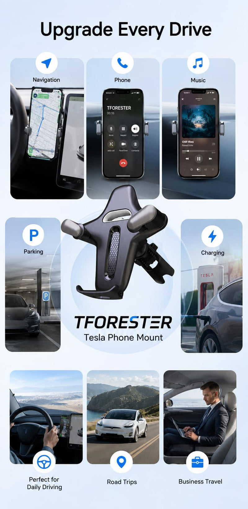 TFORESTER Tesla Phone Mount for Model Y/Model 3 / Model S/Model X/Cybertruck, Adjustable Car Phone Holder for Tesla Screen, Stable Cell Phone Mount with Clamp Design,-Purple 7.2 Purple