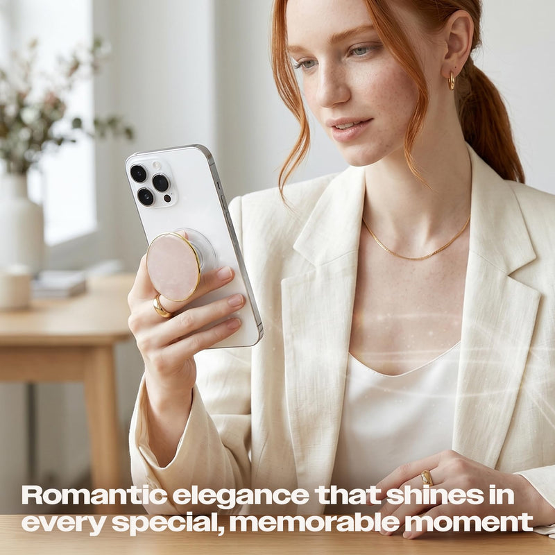 Natural Gemstone Phone Grip Collapsible Cell Phone Holder & Expanding Kickstand, Authentic Oval Crystal with Gold Edge (Rose Quartz, Adheisve Base) Rose quartz Adhesive