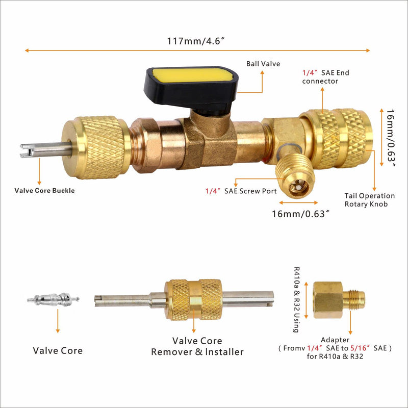 Valve Core Removal Tool Kit, Air Conditioning Line Repair Tools, HVAC Tools,Adapter 5/16 Inches SAE Female to 1/4 Inches SAE Male Flare,Compatible with HVAC R22 R12 R407 R410 R404 R32 R600 A/C