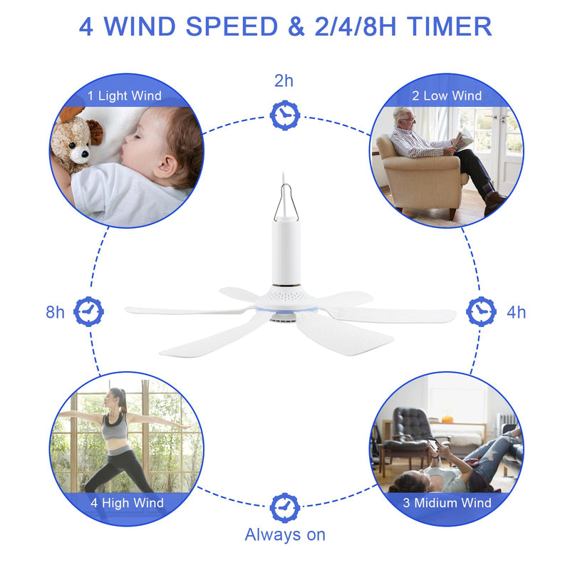 17.7inch Portable Ceiling Fan USB Ceiling Fan Small Silent Hanging Fan with Remote Control for Camping Bed RV Tent Cruise Home Room