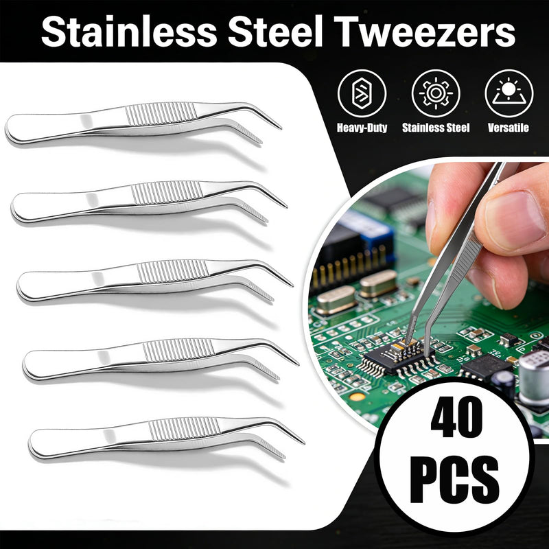40Pack Stainless Steel Tweezers with Curved Tip Curved Serrated Tip Multipurpose Forcep for Craft, Sewing Machine, DIY Crafts, Jewelry Making, Electronics Repair, Precision Work & Hobby Project Stainless Steel Tweezers 40pcs