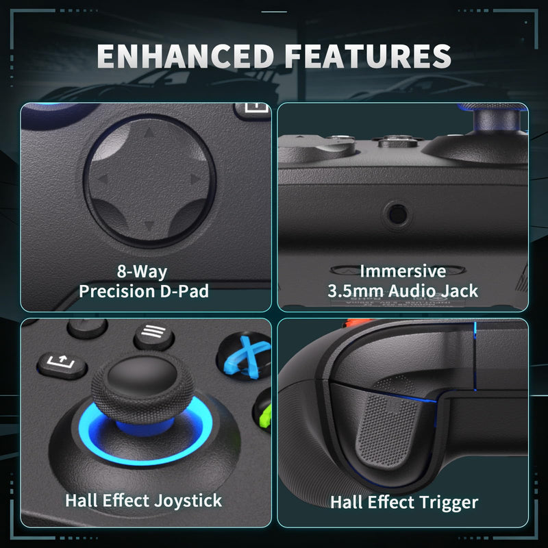 YUYIU Wired RGB Controller for Xbox One, Xbox Series X|S, PC, Steam, iOS | Wired Gaming Controller with Hall Effect Joystick/Trigger, Macro, Turbo, 3.5mm Audio Jack, Vibration (Phantom Black, 7.2FT) Phantom Black