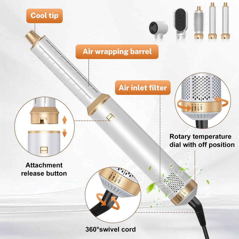 Hair Styler 5-in-1 Set, 1000W Hot Air Brush with Hair Styling Appliances | Air Wrap, Auto-Twist Curlers & Straightening Brush White