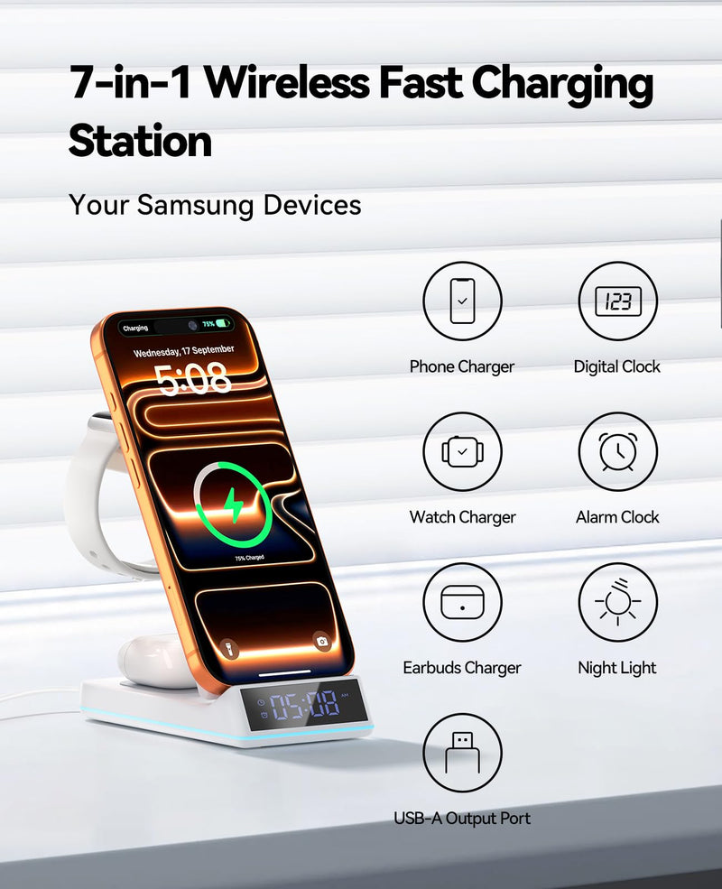 Wireless Charging Station, 7 in 1 Wireless Charger Foldable Charger Stand | 2026 Upgraded with Night Light/Alarm Clock for iPhone 17-12 Pro Max Plus, Apple Watch, AirPods Gifts White
