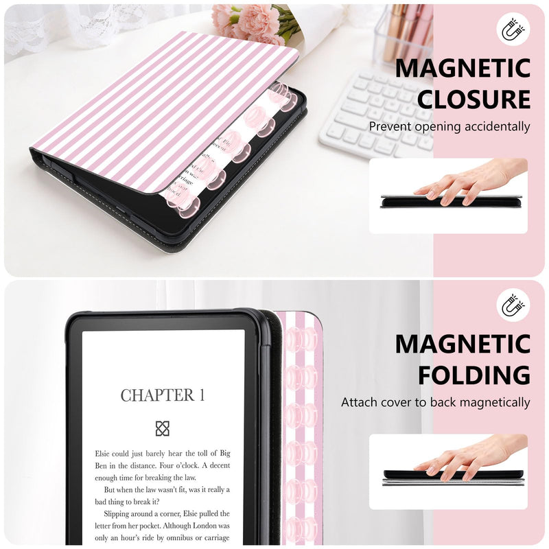 Stand Case for 7" Kindle Paperwhite 12th Pink Stripes | Compatible with Kindle Colorsoft Signature Edition 2024 with Hand Strap | Slim Leather Protective Cover with Auto Sleep/Wake 7" Kindle Paperwhite 12th Generation