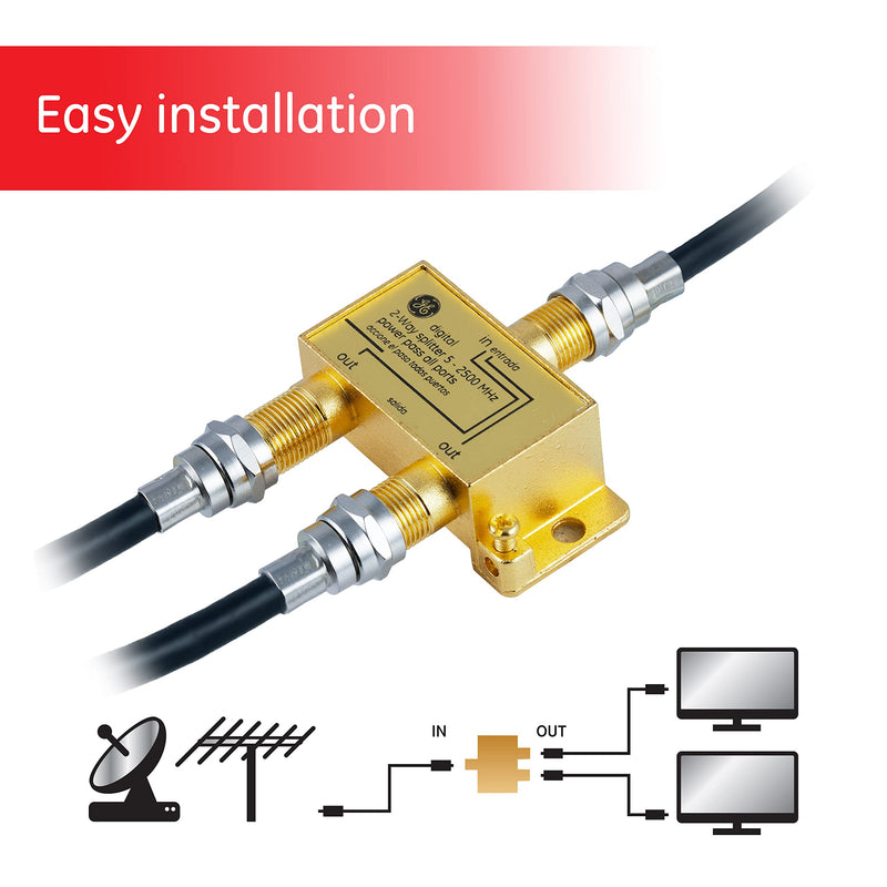 GE Digital 2-Way Coaxial Cable Splitter, 2.5 GHz 5-2500 MHz, RG6 Compatible, HD TV, Satellite, High Speed Internet, Amplifier, Antenna, Gold Plated Connectors, Corrosion Resistant, 2 Pack 73755