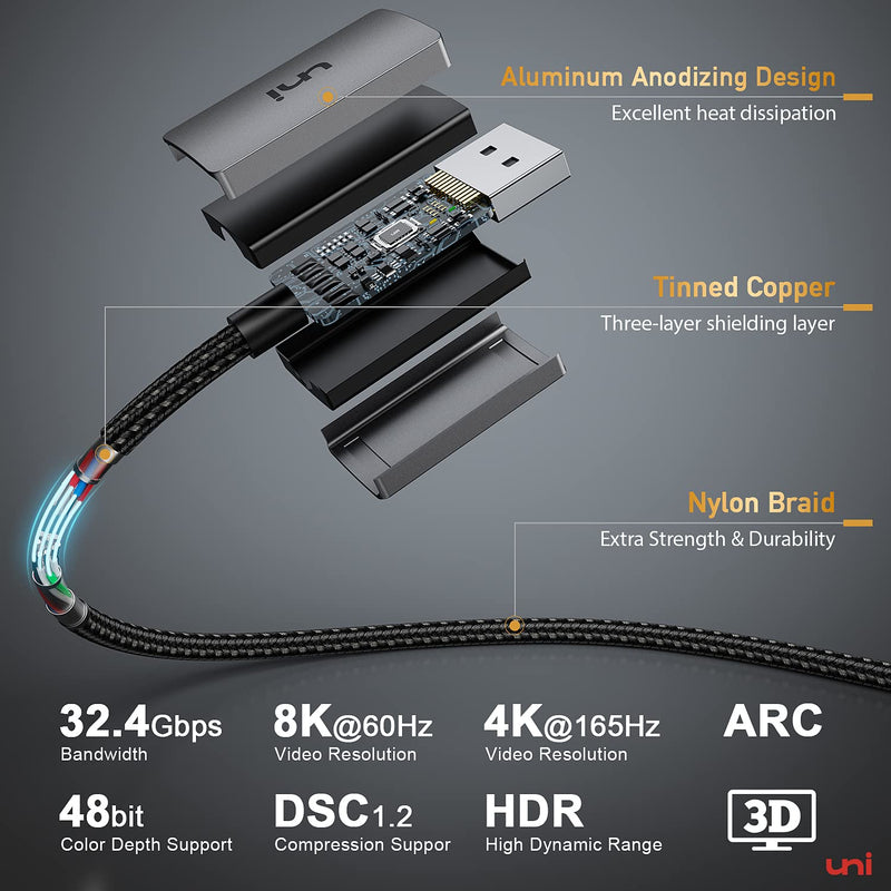 uni 8K USB C to DisplayPort Cable 6FT, 8K@60Hz 4K@240Hz Thunderbolt 4/3 to DP 1.4 Cable Non-bidirectional Support 32.4 Gbps, FreeSync, G-Sync Compatible with iPhone 15 Pro, MacBook Pro/Air, iPad, iMac