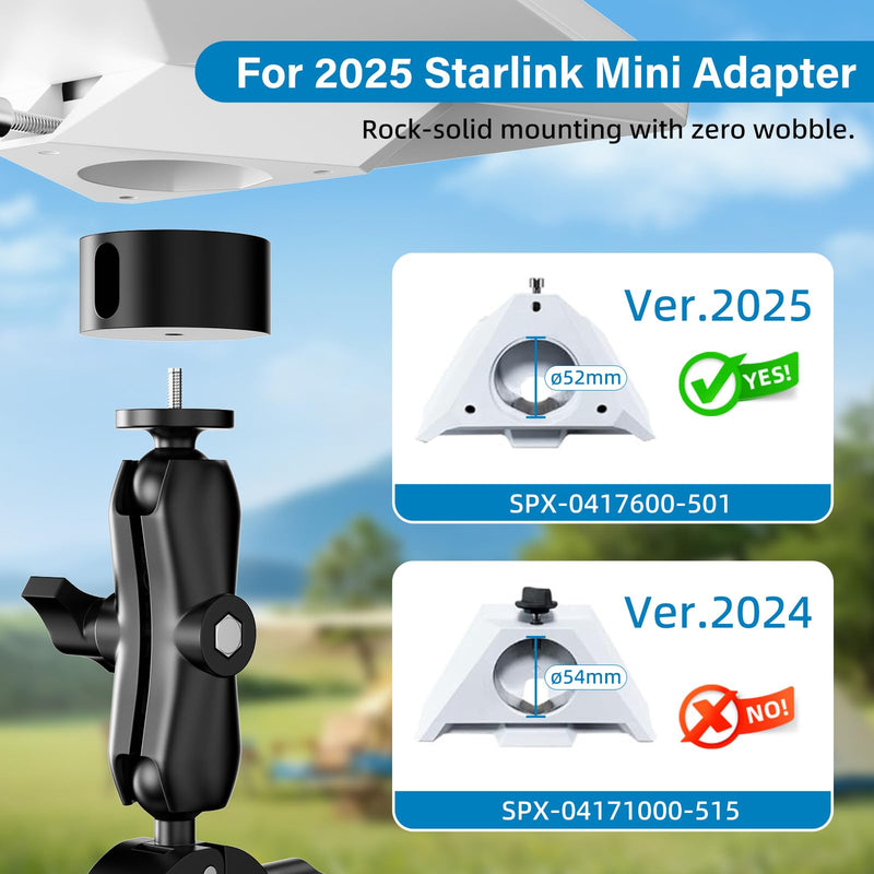 BURMONG 2026/2025 Starlink Mini Clamp Mount, Star Link Mini Pipe Mount with 2025 Pipe Adapter, Aluminum Alloy Adjustable Mounting for Camper, RV Ladder, Pole, Yacht, Guardrails (1/4"-20 Thread)