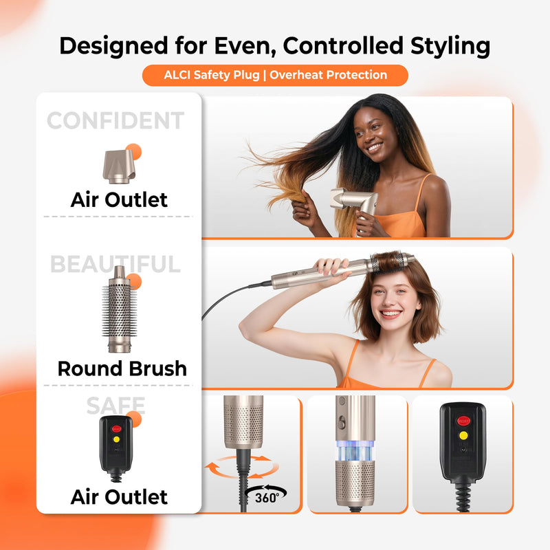 Hair Dryer Brush, 5 in 1 Hair Styler Hot Air Brush Multi Air Styler | With Interchangeable Heads, Negative Ionic Technology, Upgrade Auto Airflow Curl System, 3 Temperature Settings Gold